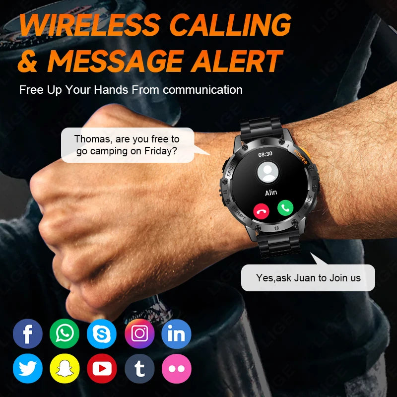 AMOLED Smartwatch for Men – Bluetooth, Fitness, Waterproof, Flashlight