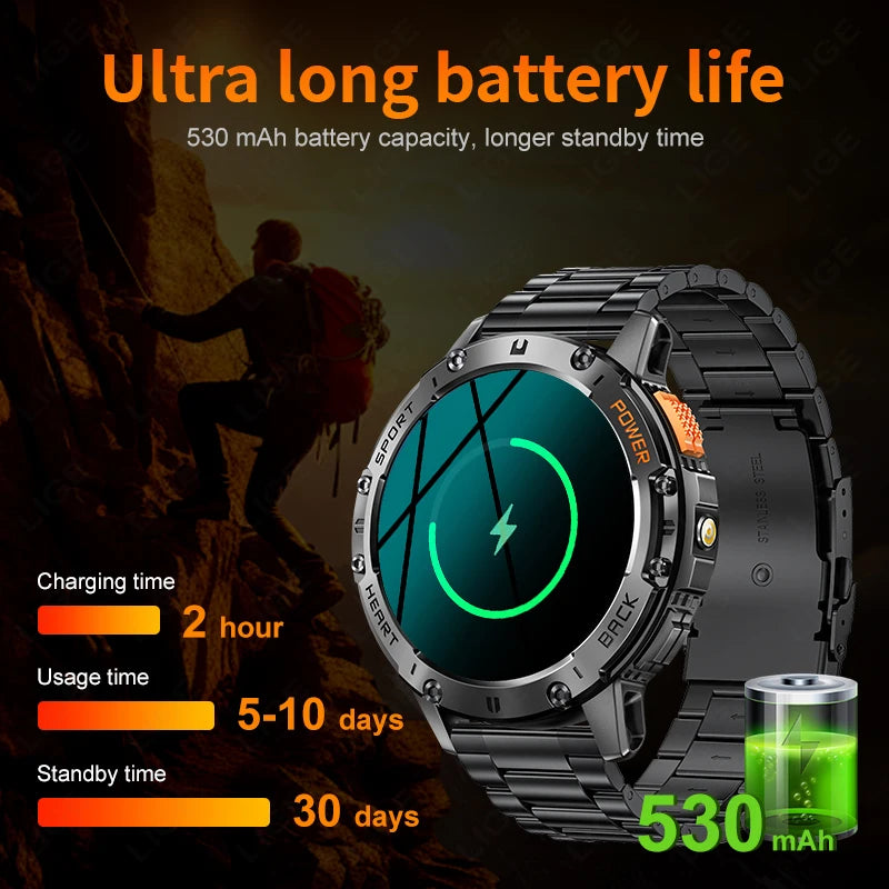 AMOLED Smartwatch for Men – Bluetooth, Fitness, Waterproof, Flashlight