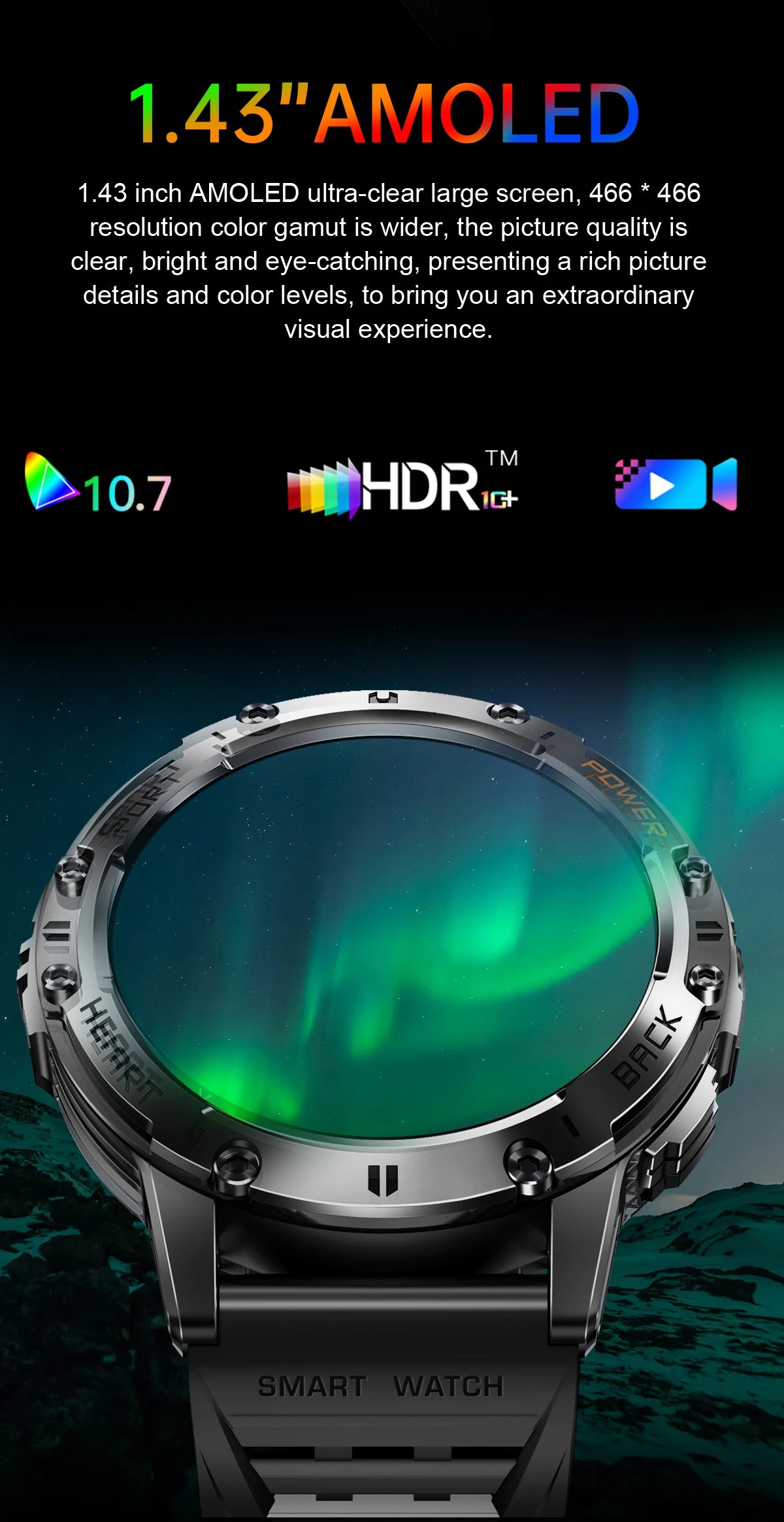AMOLED Smartwatch for Men – Bluetooth, Fitness, Waterproof, Flashlight
