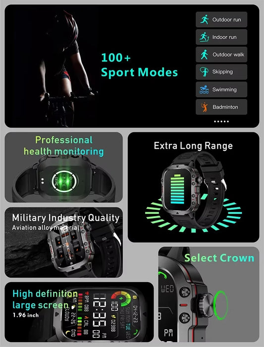 2025 Rugged Military Smart Watch HD Touch Screen Voice Bluetooth Call Smartwatch