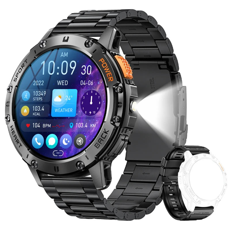 AMOLED Smartwatch for Men – Bluetooth, Fitness, Waterproof, Flashlight