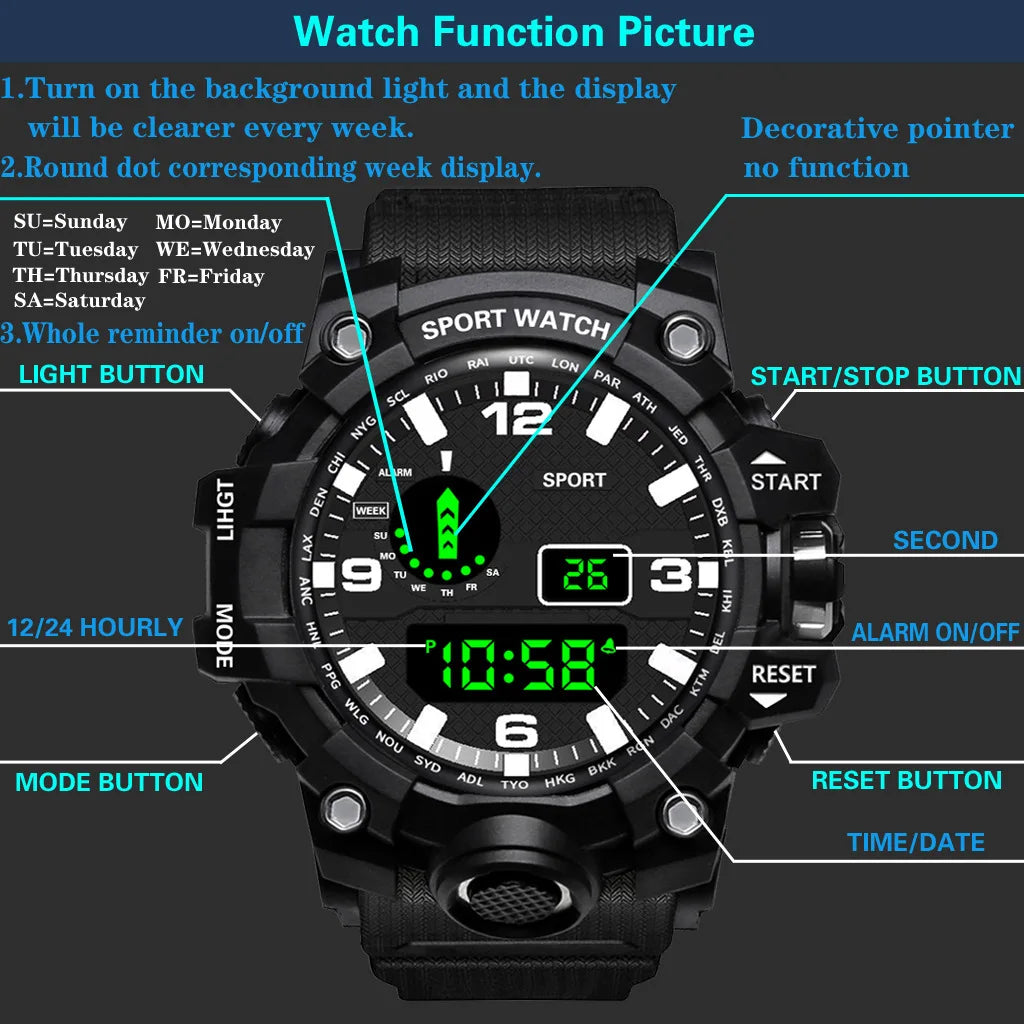 Men’s Sports Digital Watch – Large Dial, Waterproof, Multifunctional, Luminous