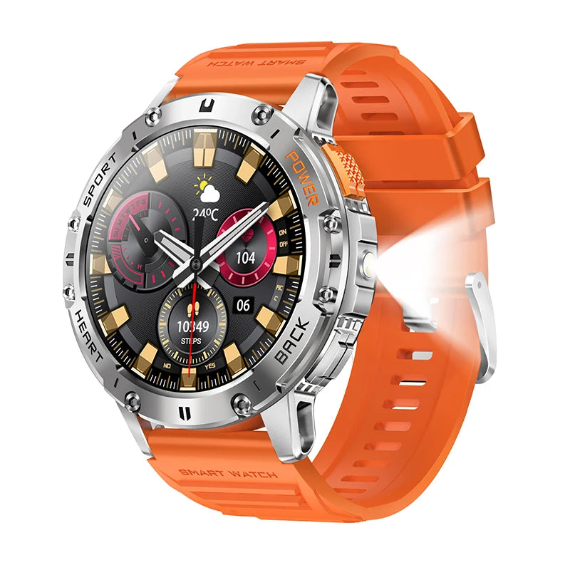 AMOLED Smartwatch for Men – Bluetooth, Fitness, Waterproof, Flashlight