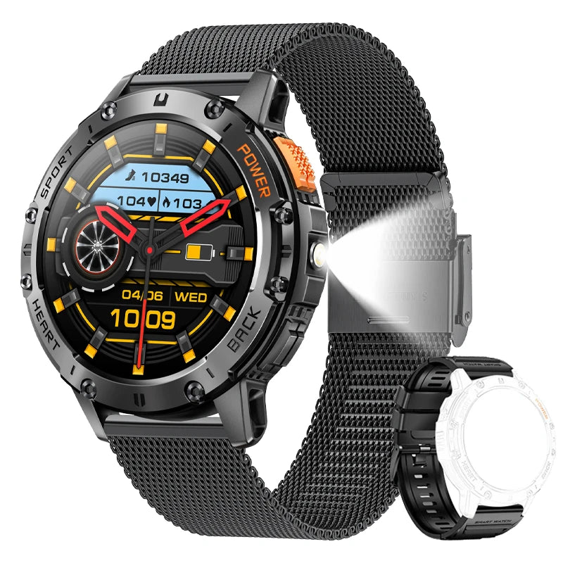 AMOLED Smartwatch for Men – Bluetooth, Fitness, Waterproof, Flashlight