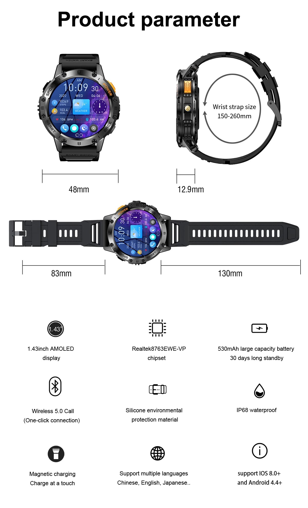 AMOLED Smartwatch for Men – Bluetooth, Fitness, Waterproof, Flashlight