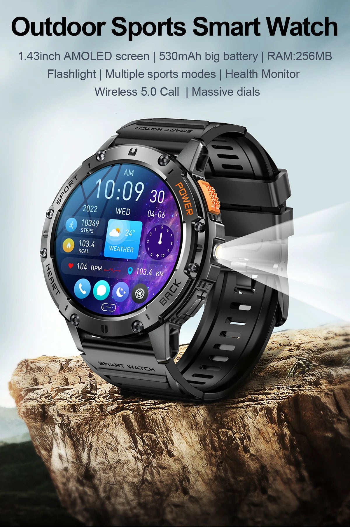 AMOLED Smartwatch for Men – Bluetooth, Fitness, Waterproof, Flashlight