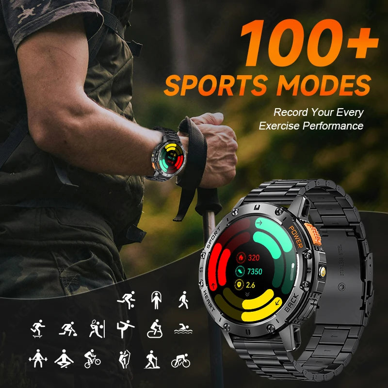 AMOLED Smartwatch for Men – Bluetooth, Fitness, Waterproof, Flashlight