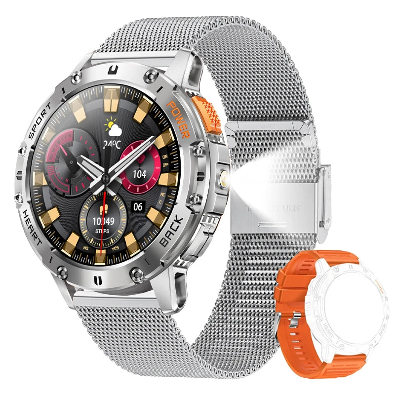 AMOLED Smartwatch for Men – Bluetooth, Fitness, Waterproof, Flashlight