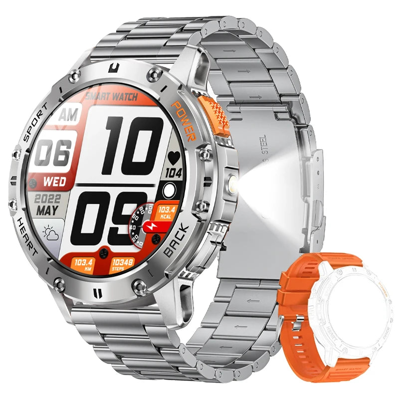 AMOLED Smartwatch for Men – Bluetooth, Fitness, Waterproof, Flashlight