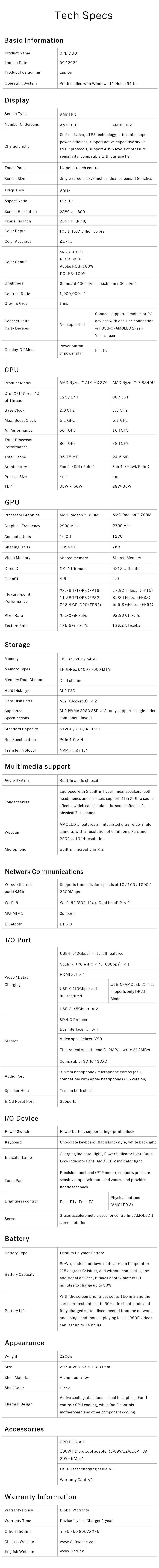 New 2025 Version GPD DUO 13 Inch Dual Touch Screen HX 370 Processor 32GB RAM 1TB SSD