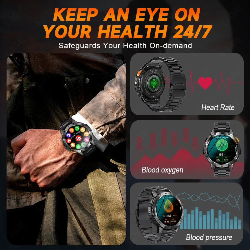 AMOLED Smartwatch for Men – Bluetooth, Fitness, Waterproof, Flashlight