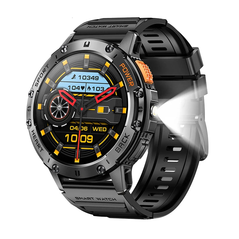 AMOLED Smartwatch for Men – Bluetooth, Fitness, Waterproof, Flashlight