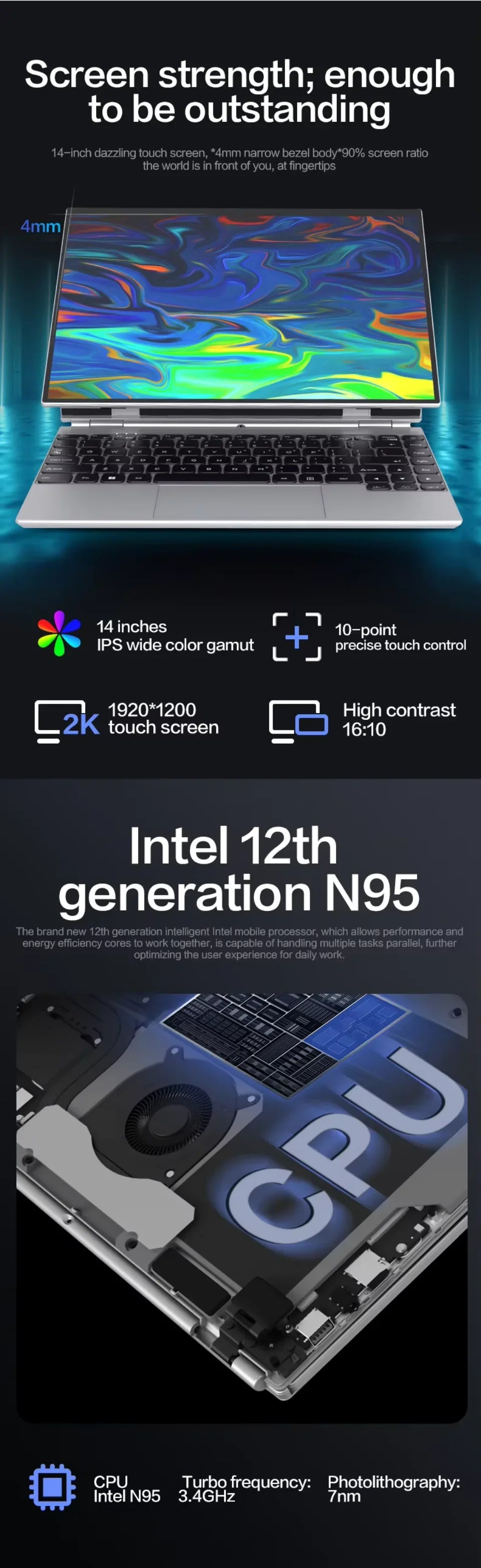 2025 Face ID Laptop 14 Inch 360-degree rotation IPS touch screen 16GB RAM Intel 12th N95 Windows 11 Pro