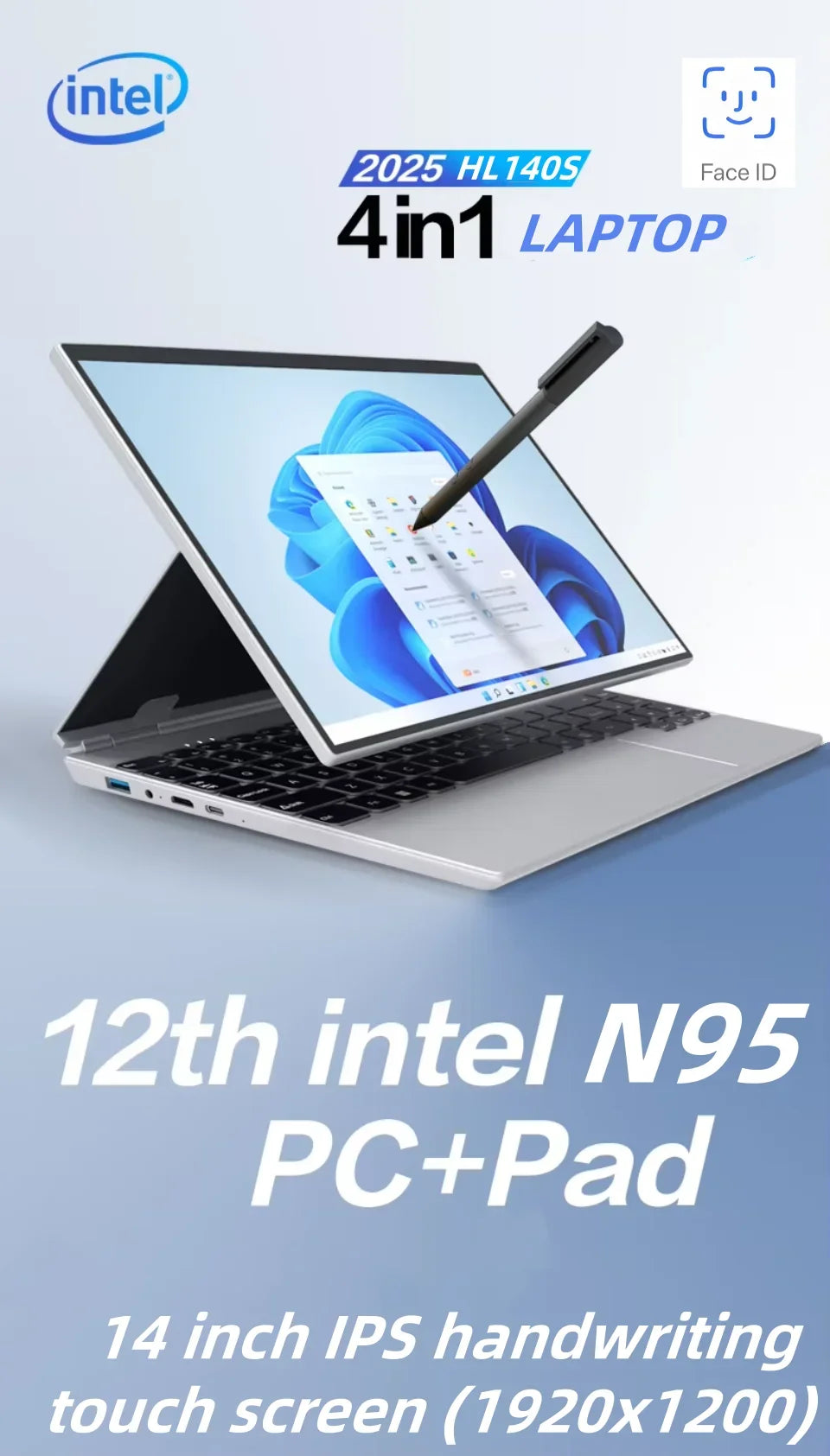 2025 Face ID Laptop 14 Inch 360-degree rotation IPS touch screen 16GB RAM Intel 12th N95 Windows 11 Pro