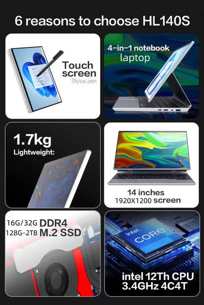 2025 Face ID Laptop 14 Inch 360-degree rotation IPS touch screen 16GB RAM Intel 12th N95 Windows 11 Pro