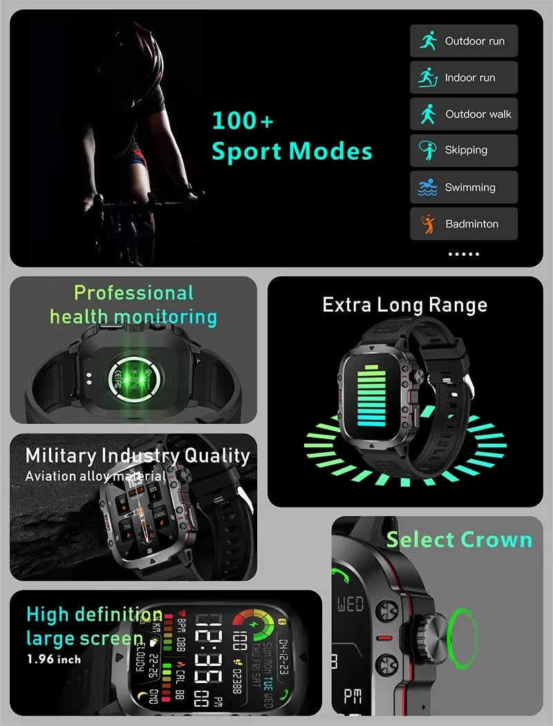 2025 Rugged Military Smart Watch HD Touch Screen Voice Bluetooth Call Smartwatch