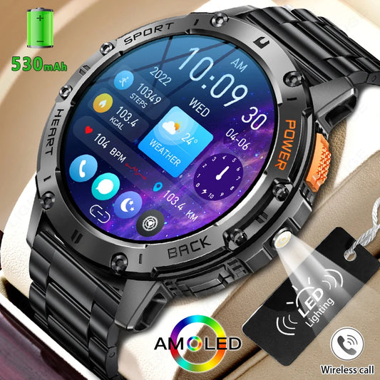 AMOLED Smartwatch for Men – Bluetooth, Fitness, Waterproof, Flashlight