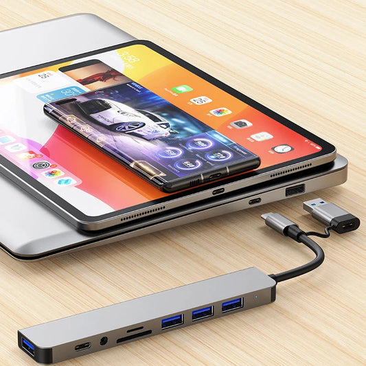 8-in-2 USB-C Docking Station – Multiport Type-C Hub with Audio, SD & Fast Data Transfer