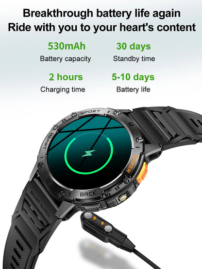 AMOLED Smartwatch for Men – Bluetooth, Fitness, Waterproof, Flashlight