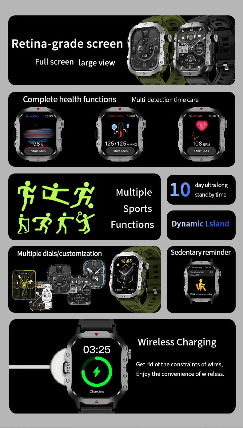 2025 Rugged Military Smart Watch HD Touch Screen Voice Bluetooth Call Smartwatch