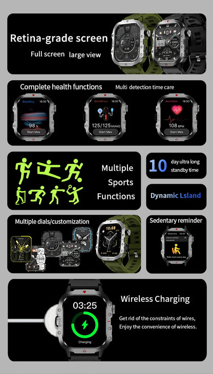 2025 Rugged Military Smart Watch HD Touch Screen Voice Bluetooth Call Smartwatch