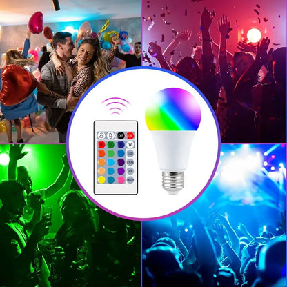 16-Color RGB LED Smart Bulb E27 – Dimmable, Remote Controlled