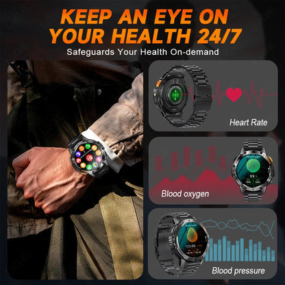 AMOLED Smartwatch for Men – Bluetooth, Fitness, Waterproof, Flashlight