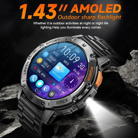 AMOLED Smartwatch for Men – Bluetooth, Fitness, Waterproof, Flashlight