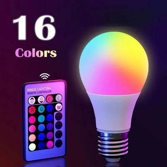 16-Color RGB LED Smart Bulb E27 – Dimmable, Remote Controlled