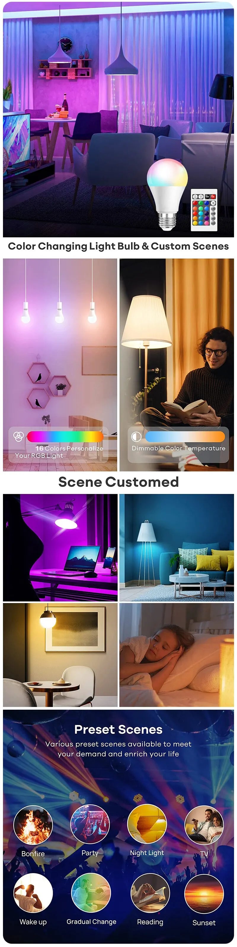 16-Color RGB LED Smart Bulb E27 – Dimmable, Remote Controlled