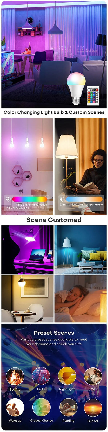 16-Color RGB LED Smart Bulb E27 – Dimmable, Remote Controlled