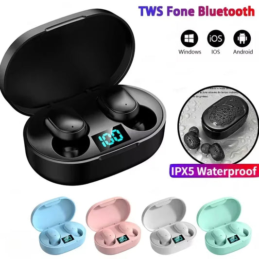 Black wireless earbuds with charging case and waterproof feature, displayed on a white background.